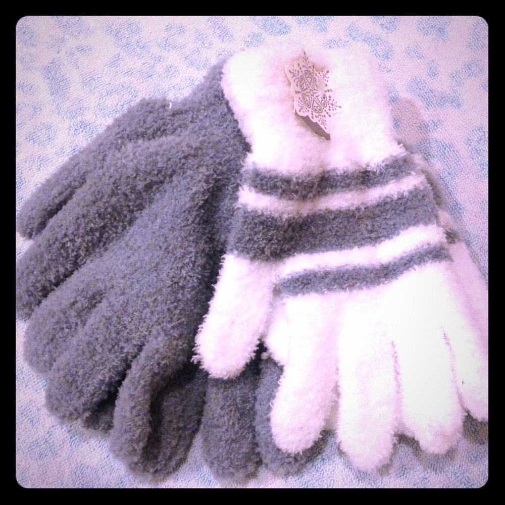 Fluffy gray and white gloves